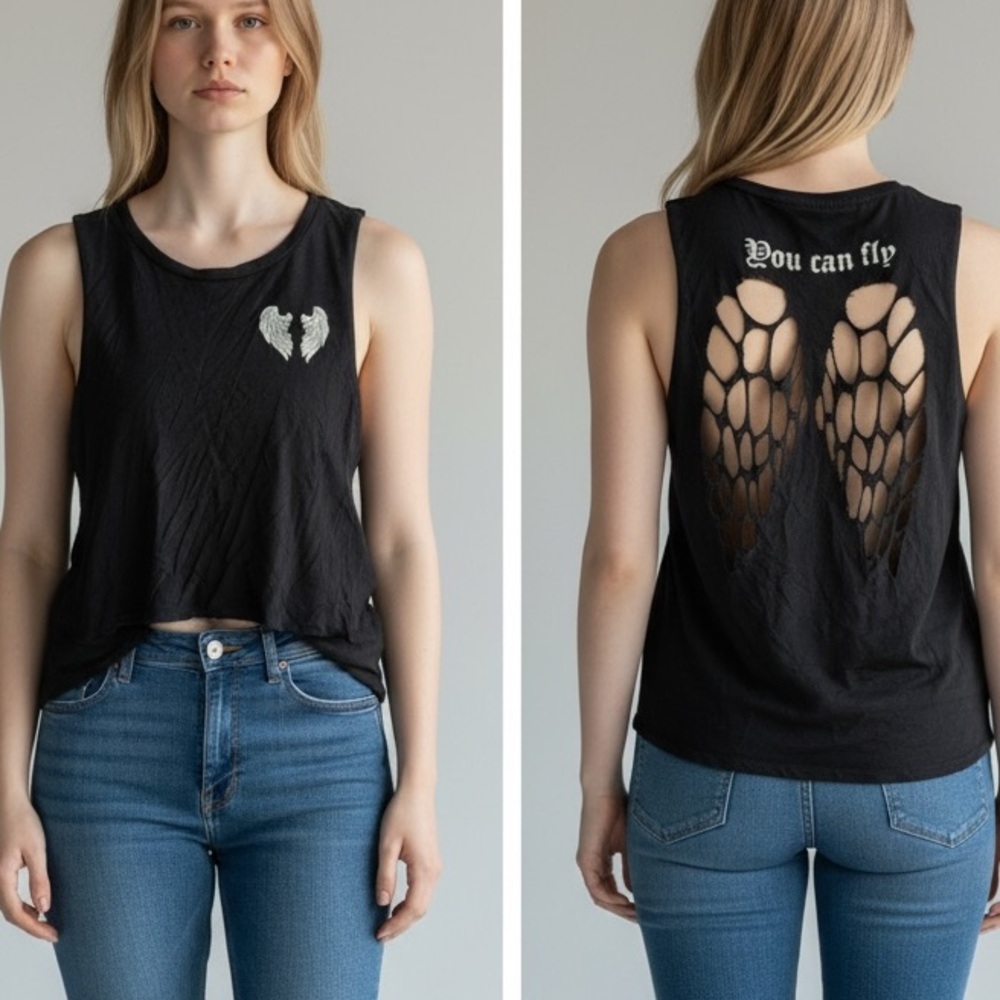Rags 2 riches Edgy Black Angel Wing Cutout Muscle Tee MEDIUM